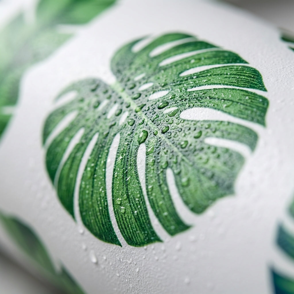Detail shot - White 34 oz insulated tumbler featuring a green and blue tropical monstera and palm leaf pattern standing on a wooden surface.