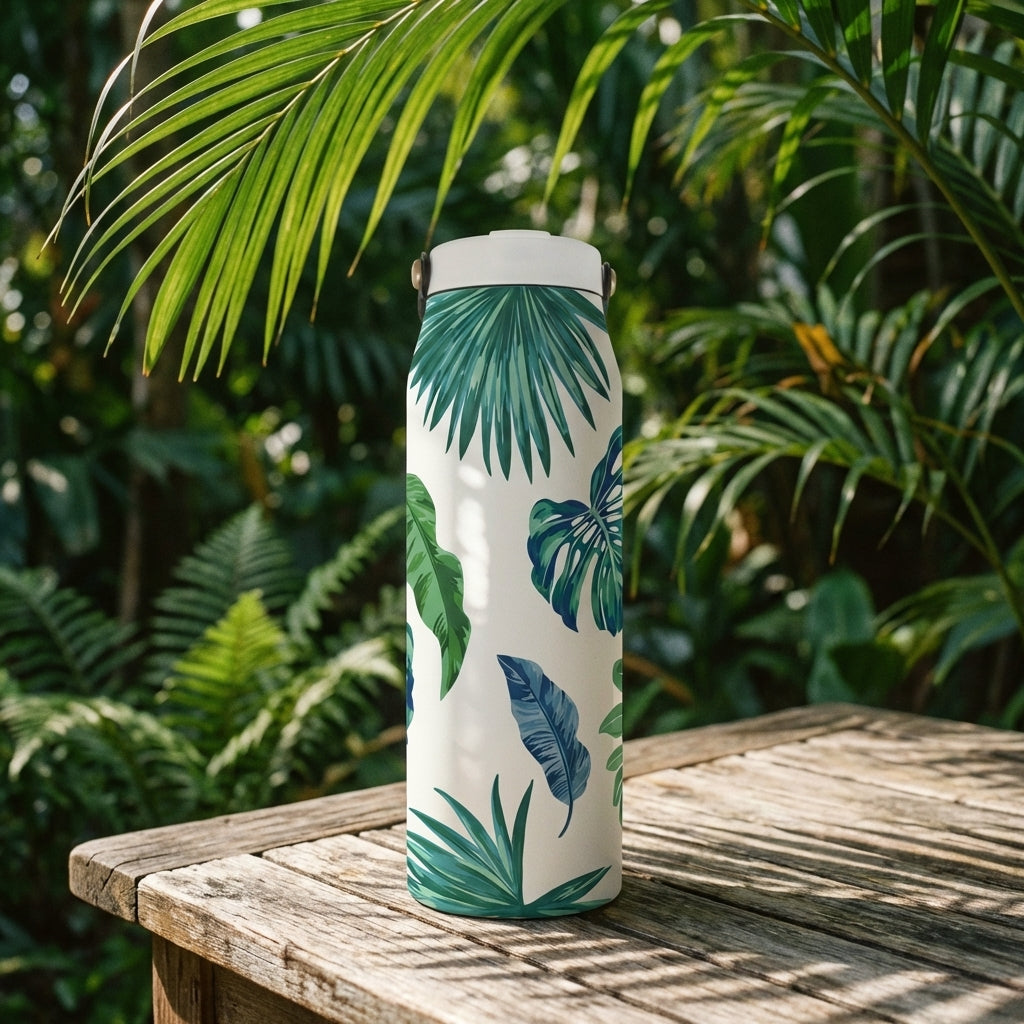 Lifestyle shot - White 34 oz insulated tumbler featuring a green and blue tropical monstera and palm leaf pattern standing on a wooden surface.