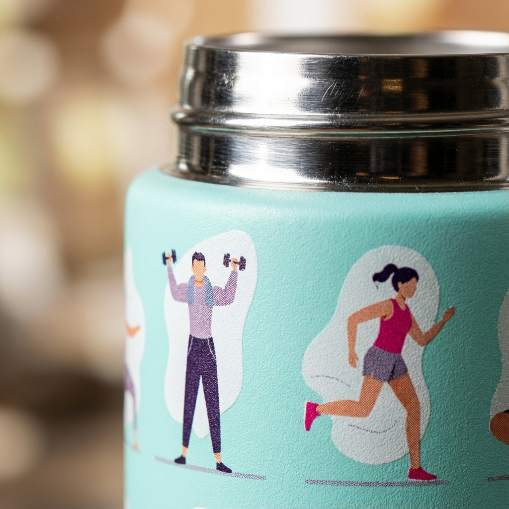 Detail shot - Turquoise Moraine 27 oz water bottle featuring a pattern of illustrations showing people doing yoga, weightlifting, and running.