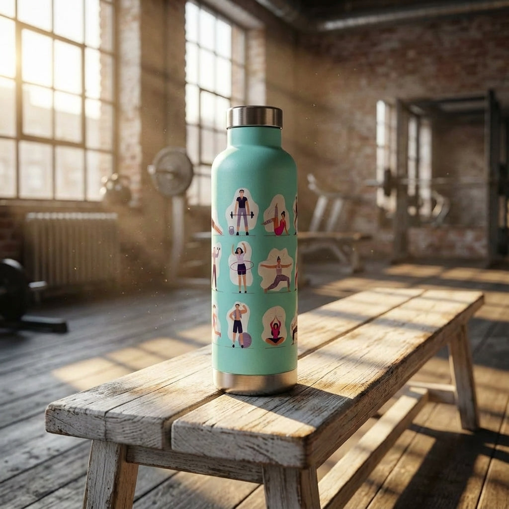 Lifestyle shot - Turquoise Moraine 27 oz water bottle featuring a pattern of illustrations showing people doing yoga, weightlifting, and running.