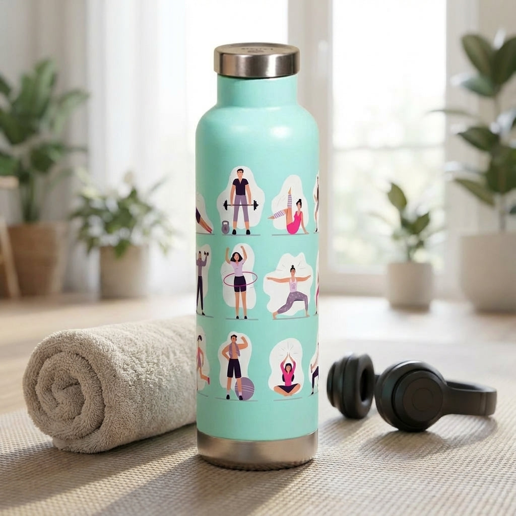 In-Use shot - Turquoise Moraine 27 oz water bottle featuring a pattern of illustrations showing people doing yoga, weightlifting, and running.