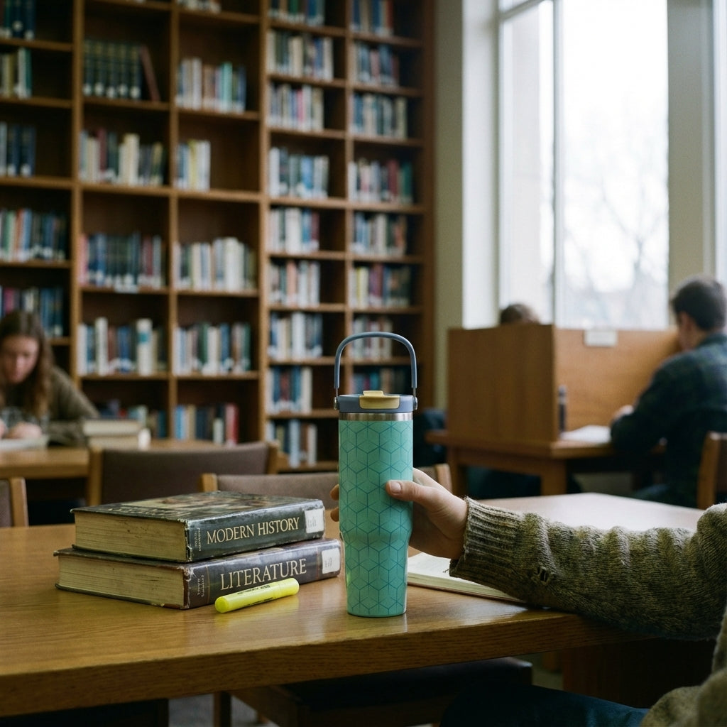 In-Use shot - Close-up of turquoise Cascade 40oz tumbler with engraved geometric cube pattern sitting on a modern white desk next to a laptop and succulent plants.