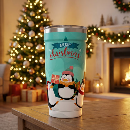 Teal 16oz insulated travel cup featuring engraved Merry Christmas text and three celebrating penguins in a snowy pine tree scene