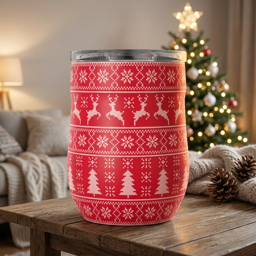 Red stainless steel wine tumbler featuring a white pixelated Christmas sweater pattern with reindeer and snowflakes.