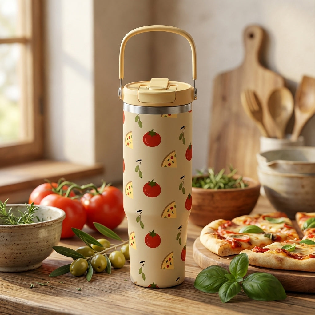LAMOSE Cascade 40oz tumbler in beige featuring a rustic pattern of pizza slices, olives, and tomatoes on a wooden table.