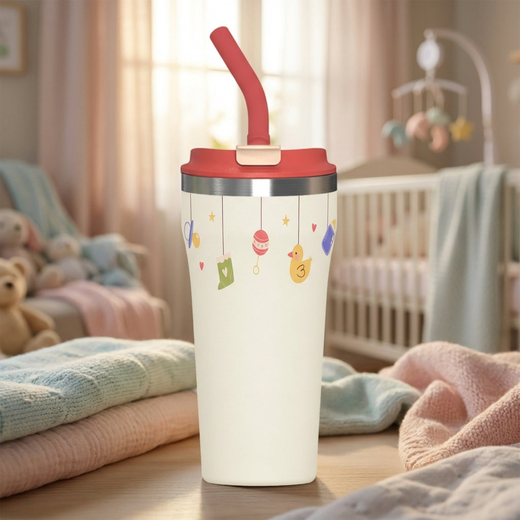 White LAMOSE Bow 16 oz tumbler with red straw featuring baby mobile pattern with ducks and pacifiers