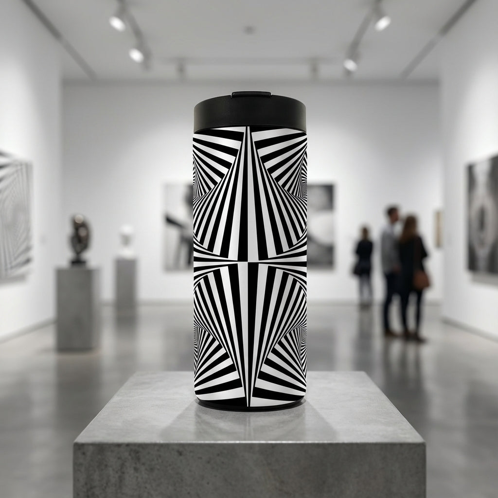 Grouse 16 oz insulated tumbler featuring a black and white geometric optical illusion pattern with a black flip lid.