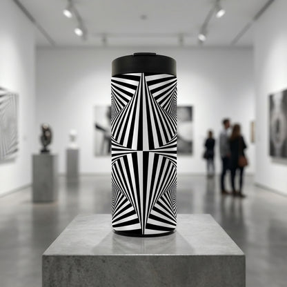 Grouse 16 oz insulated tumbler featuring a black and white geometric optical illusion pattern with a black flip lid.