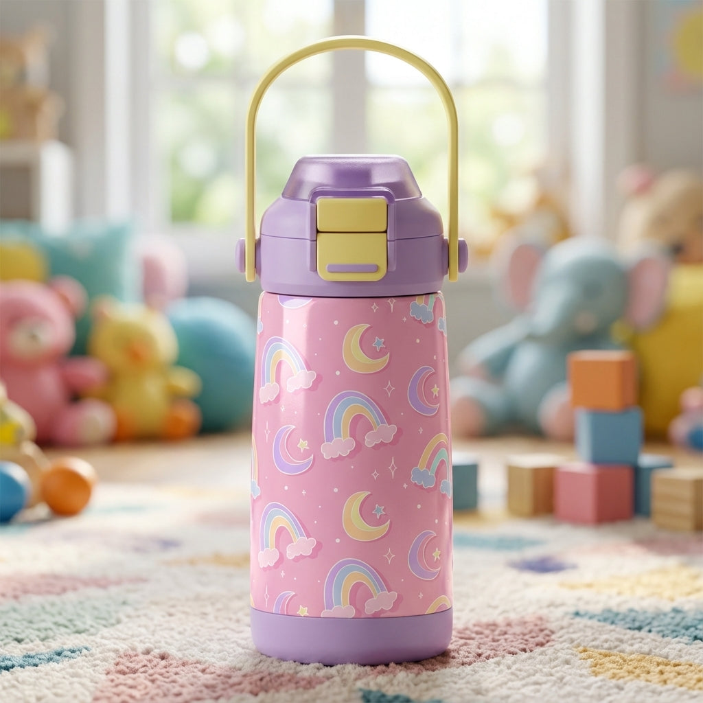 Pink 14oz kids water bottle featuring pastel rainbows, crescent moons, and stars pattern with a lavender lid and yellow handle.