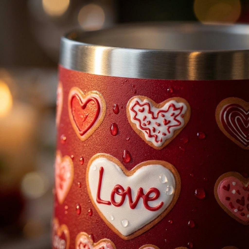 Detail shot - LAMOSE Whistler 16oz insulated wine tumbler in deep red featuring heart-shaped sugar cookie pattern and cursive Love text