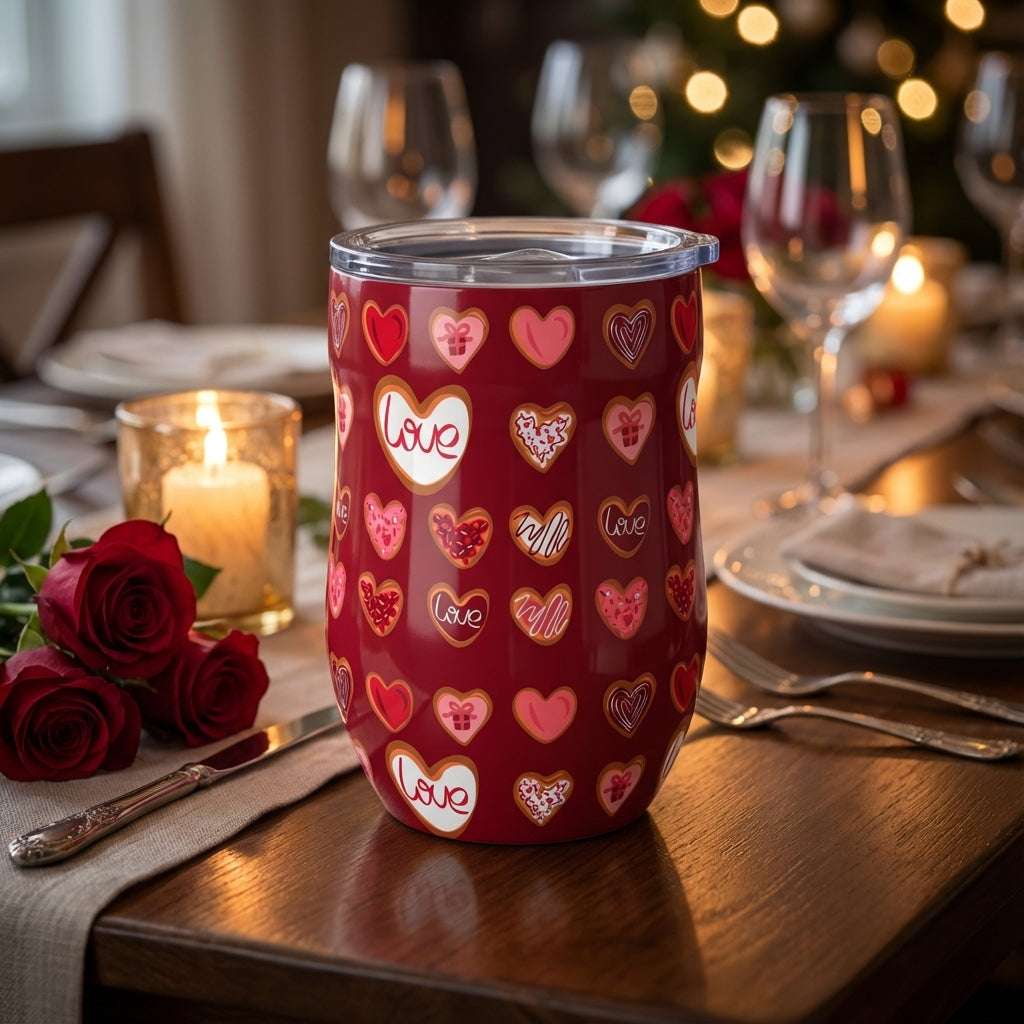  LAMOSE Whistler 16oz insulated wine tumbler in deep red featuring heart-shaped sugar cookie pattern and cursive Love text