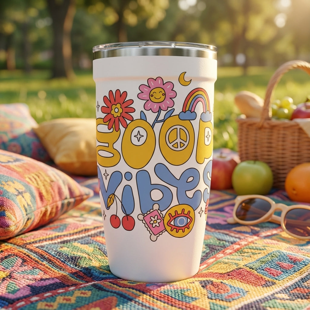 White LAMOSE Peyto 16oz tumbler featuring retro Good Vibes text, cherries, and rainbows sitting on a picnic blanket with fruit and sunglasses.