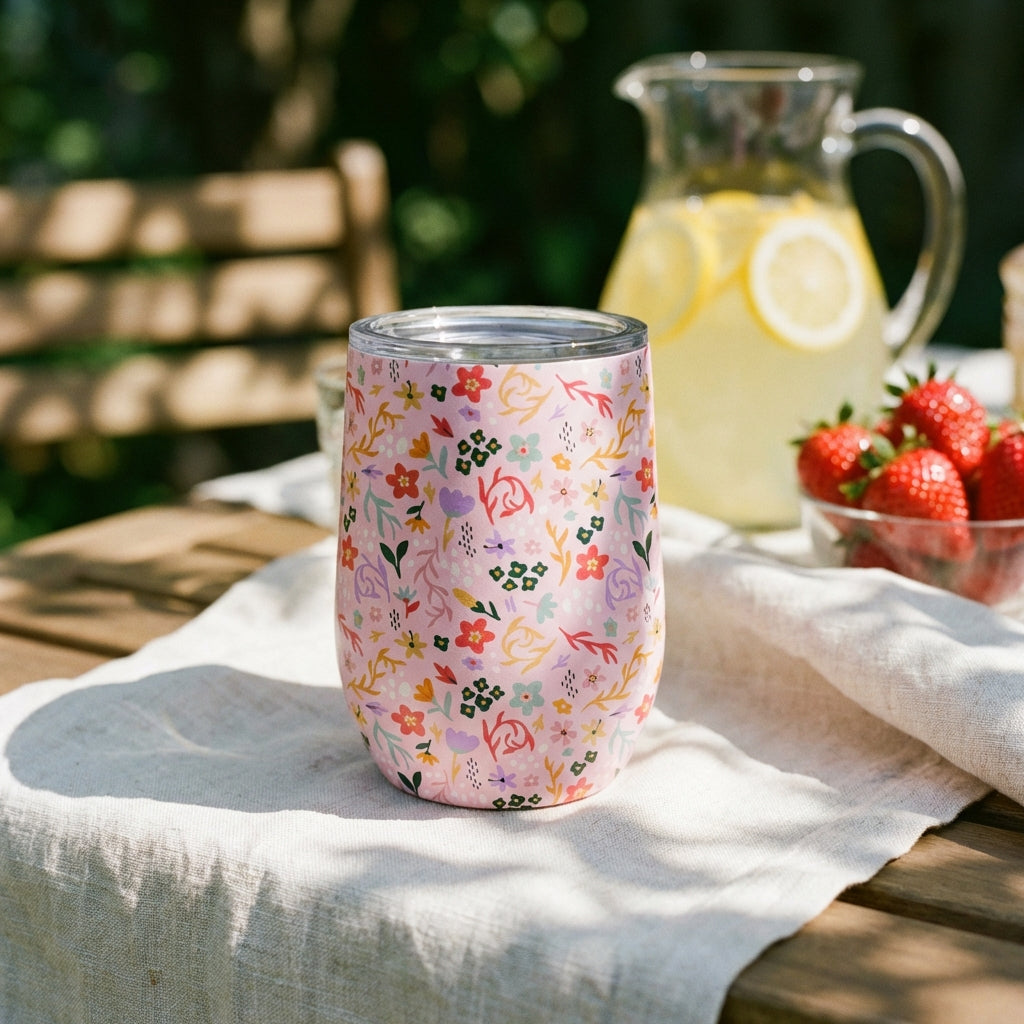 Lifestyle shot - LAMOSE Whistler 16oz insulated wine tumbler featuring a light pink background with a colorful red, orange, and purple floral pattern.