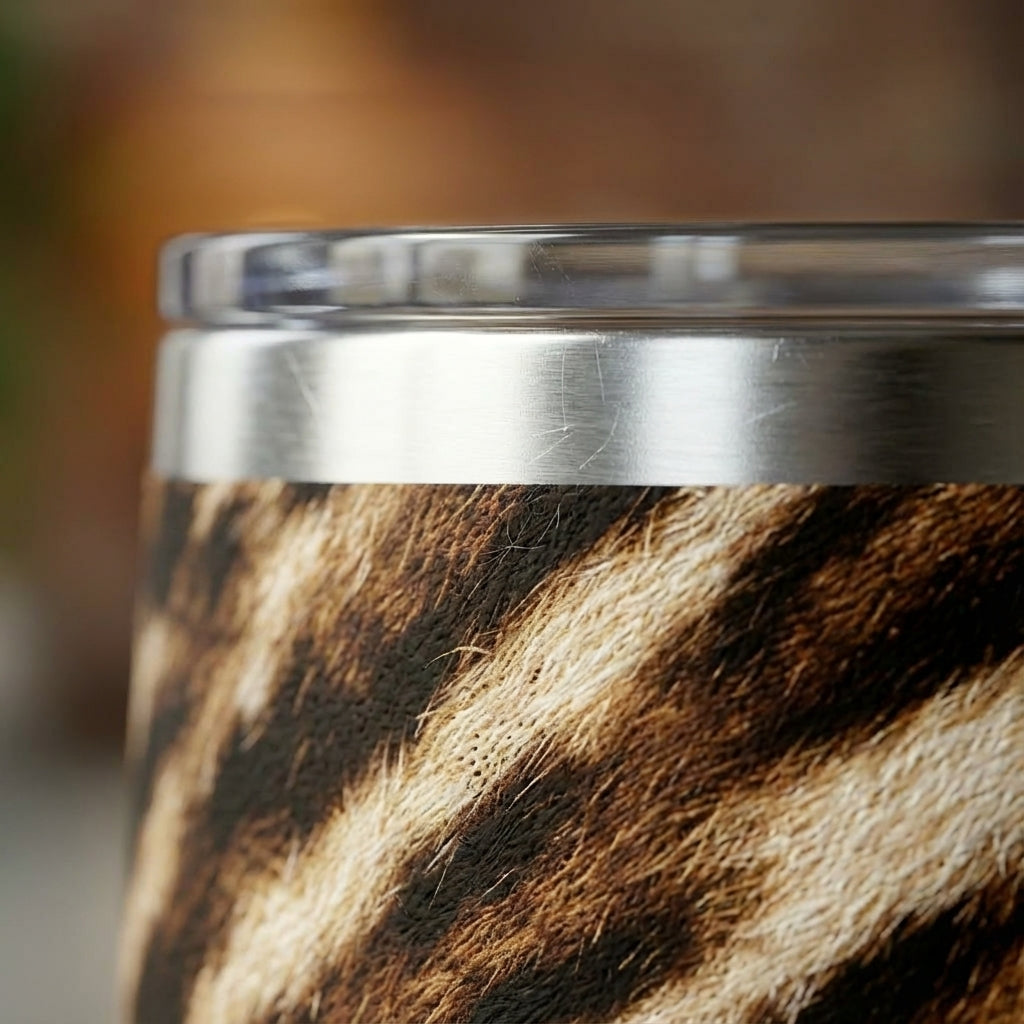 Detail shot - Close up of LAMOSE Whistler 16oz insulated wine tumbler featuring a beige and black tiger animal print pattern with a silver rim.