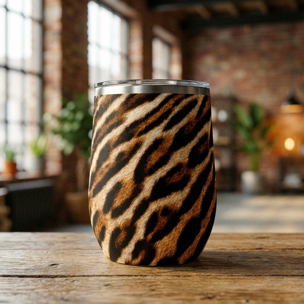 Lifestyle shot - Close up of LAMOSE Whistler 16oz insulated wine tumbler featuring a beige and black tiger animal print pattern with a silver rim.