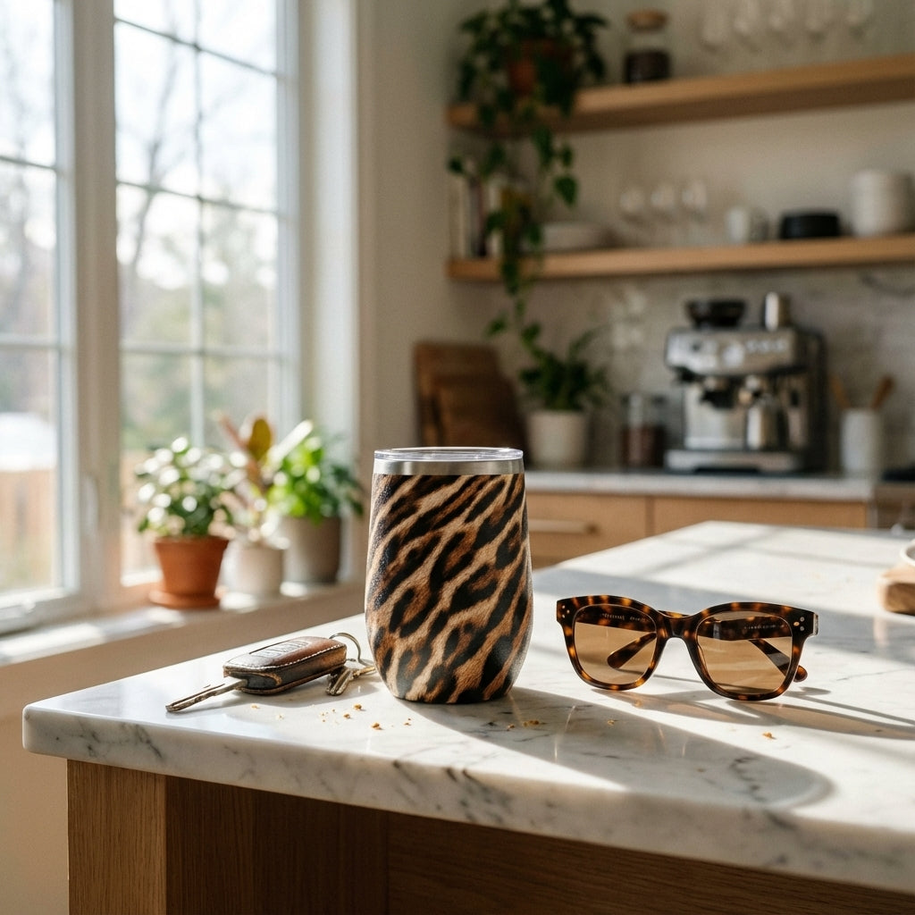 In-Use shot - Close up of LAMOSE Whistler 16oz insulated wine tumbler featuring a beige and black tiger animal print pattern with a silver rim.