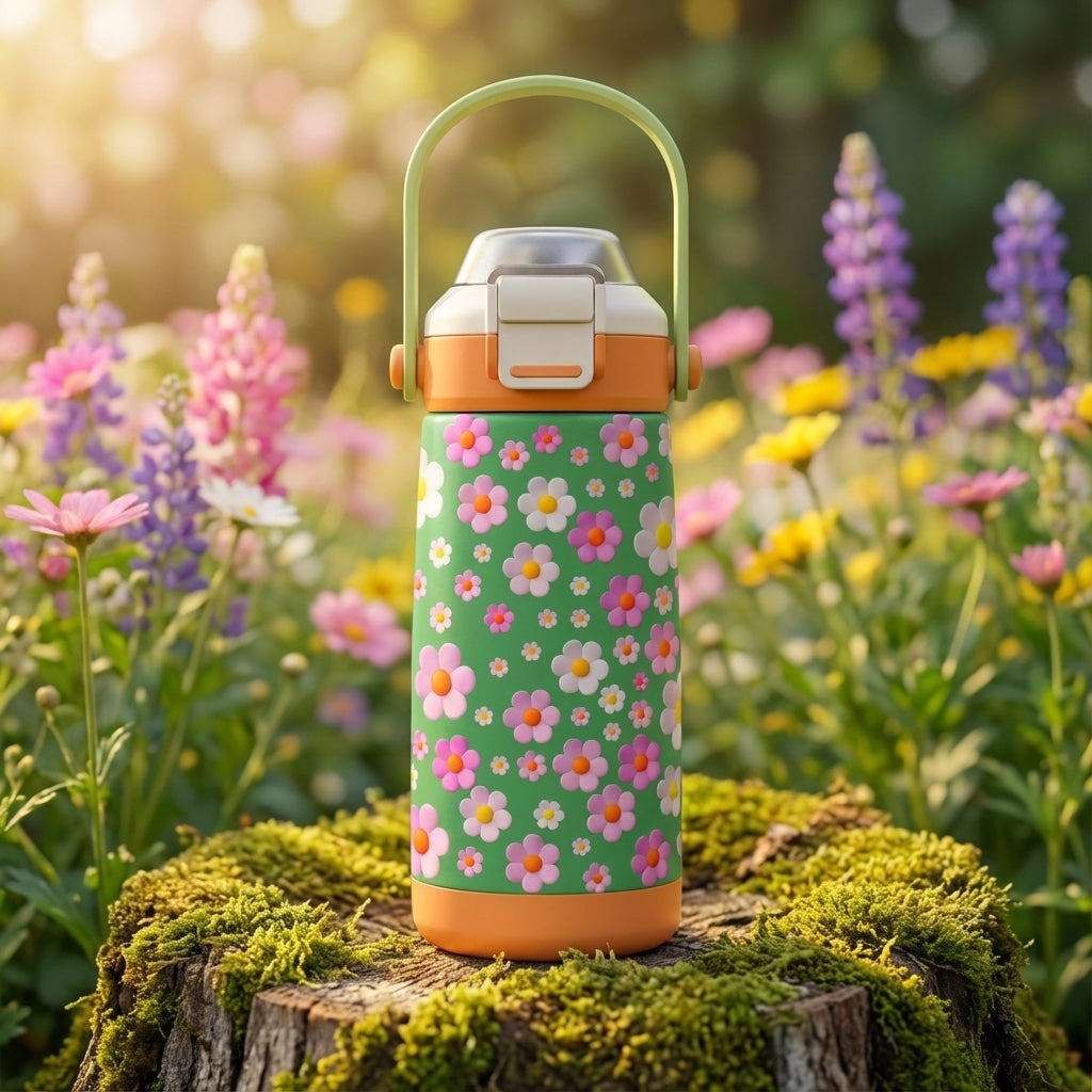 Lifestyle shot - Green LAMOSE Goose 14 oz kids water bottle with pink and orange floral pattern resting on a mossy tree stump in a sunny meadow.