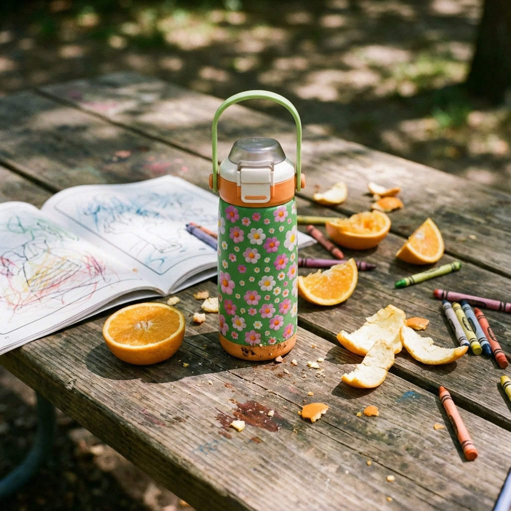 In-Use shot - Green LAMOSE Goose 14 oz kids water bottle with pink and orange floral pattern resting on a mossy tree stump in a sunny meadow.