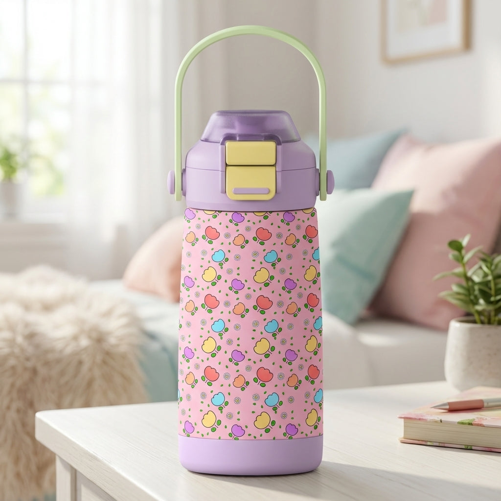 Pink LAMOSE Goose 14 oz kids water bottle featuring colorful yellow and red tulip pattern sitting on a white table in a living room