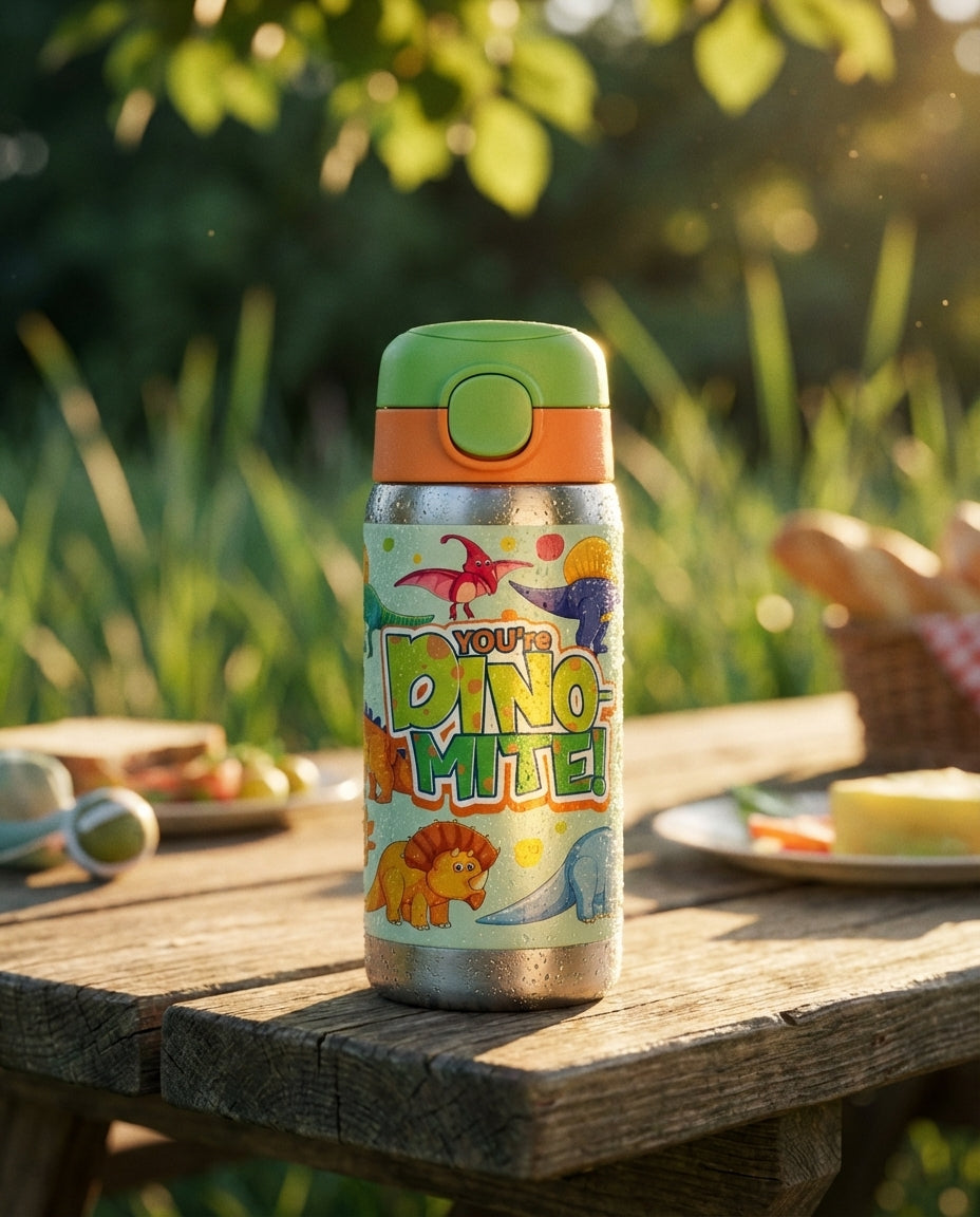 Lifestyle shot - LAMOSE Goose 14oz kids water bottle in light green with orange lid, featuring cartoon dinosaurs including T-Rex and Triceratops with You're DINO-MITE text