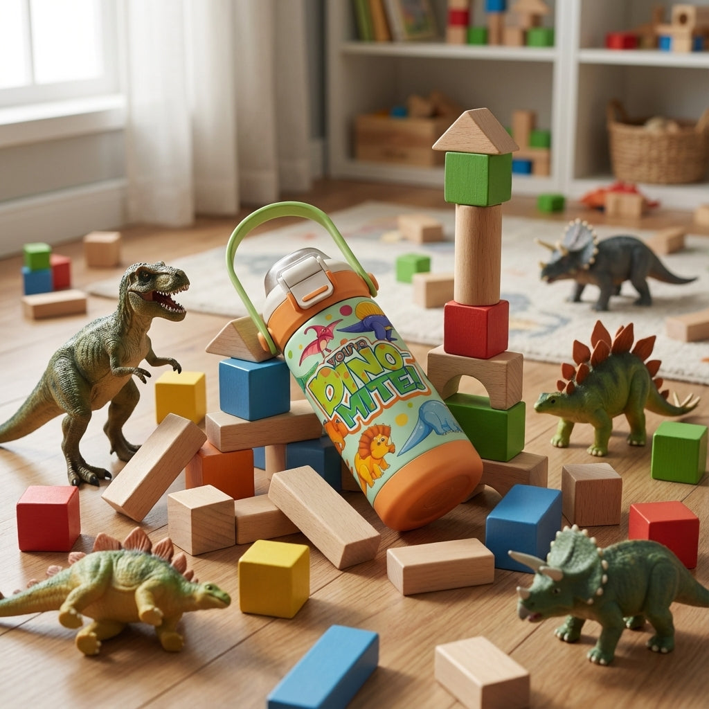 In-Use shot - LAMOSE Goose 14oz kids water bottle in light green with orange lid, featuring cartoon dinosaurs including T-Rex and Triceratops with You're DINO-MITE text