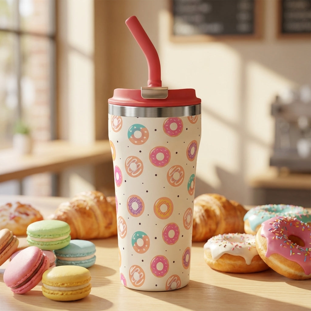 LAMOSE Bow 16 oz insulated tumbler featuring a colorful pink and teal donut pattern on off-white with a red straw