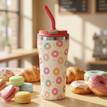 LAMOSE Bow 16 oz insulated tumbler featuring a colorful pink and teal donut pattern on off-white with a red straw