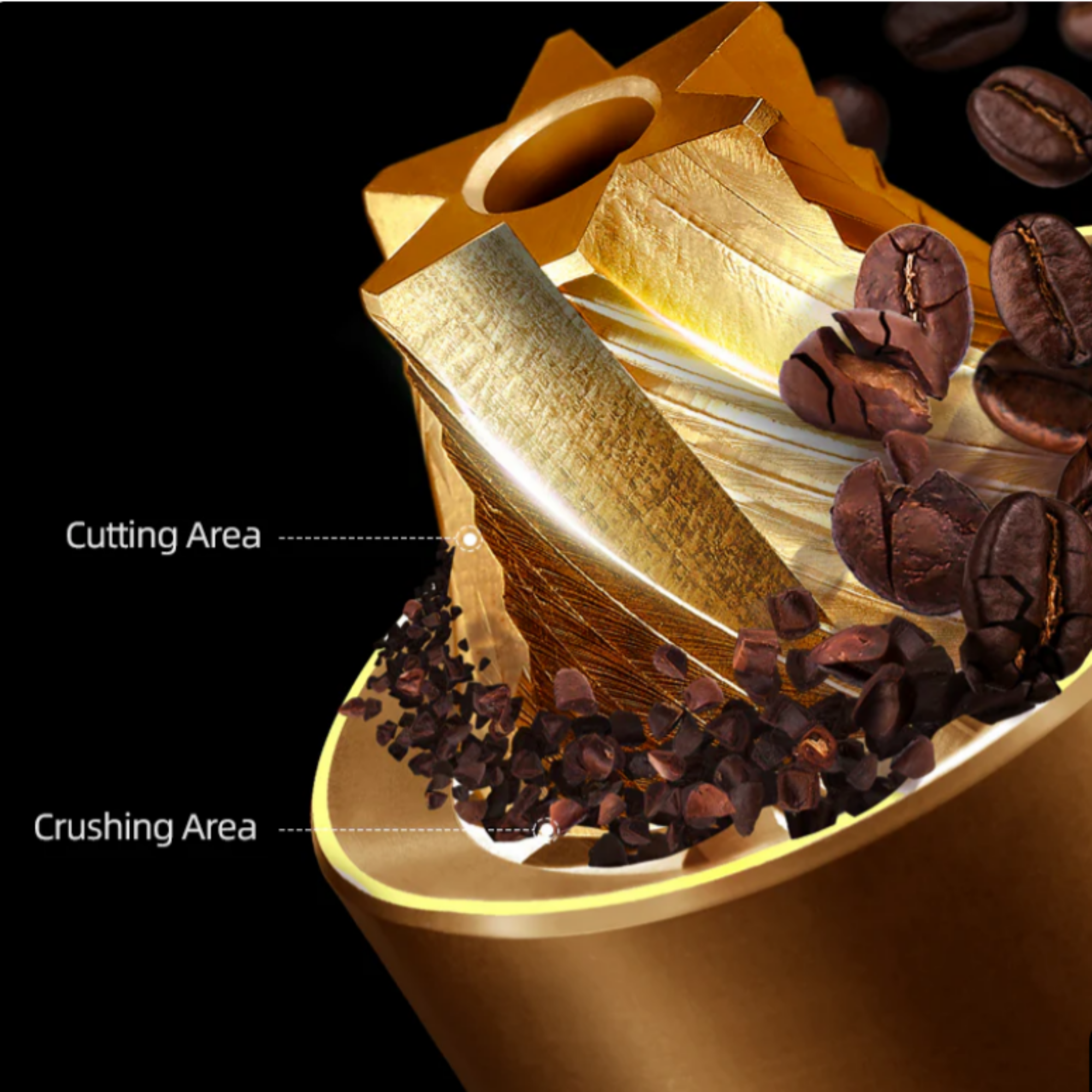 Close-up of a coffee grinder burr, highlighting the cutting and crushing areas as coffee beans are ground into smaller particles