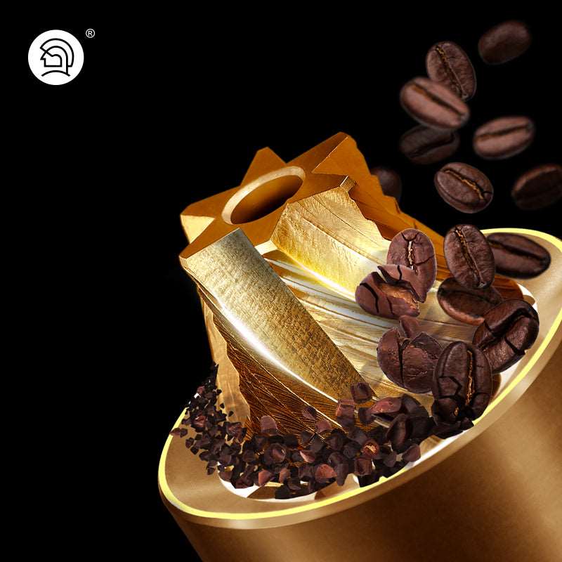 Golden conical burr grinder crushing coffee beans, showcasing its sharp precision blades and rich coffee grounds