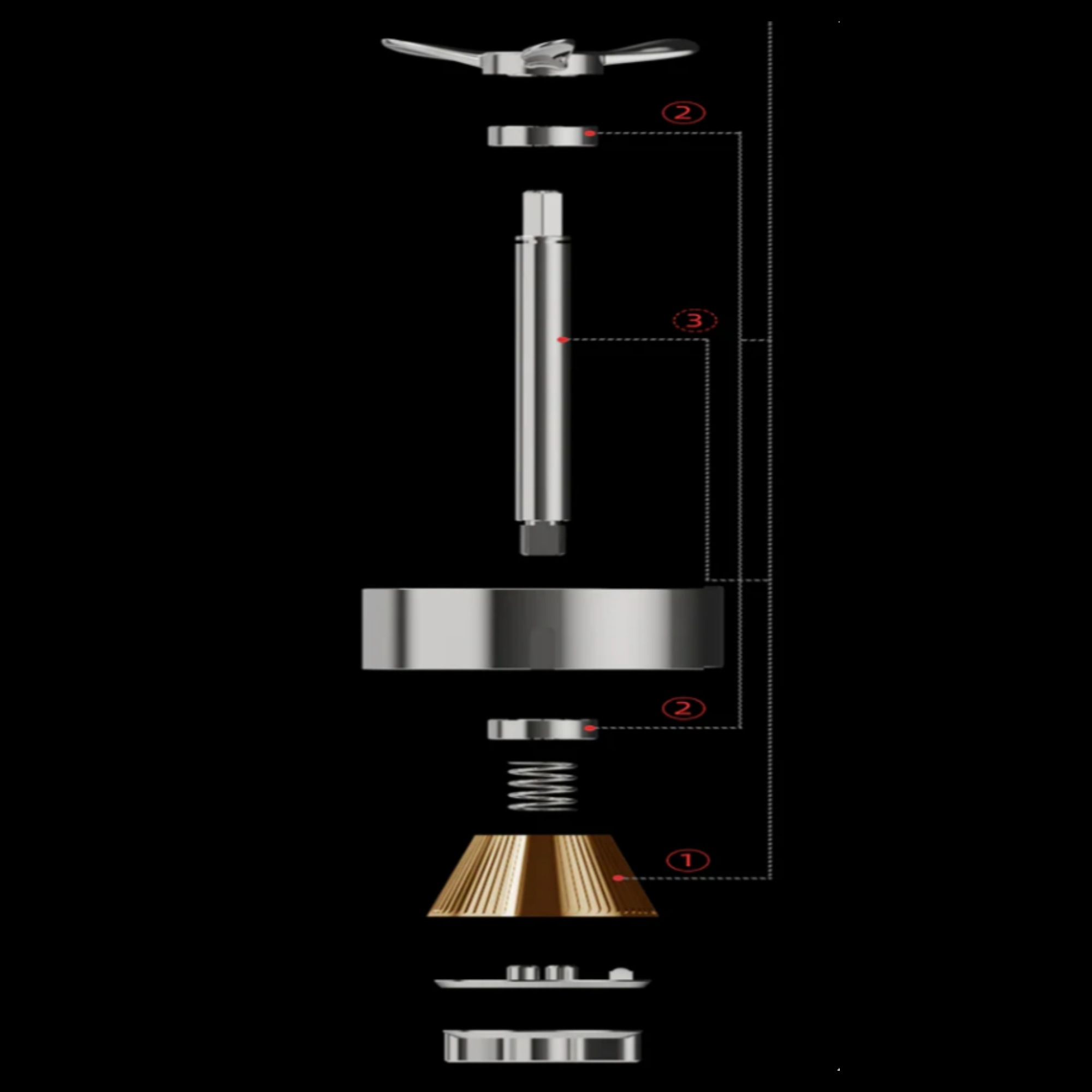 Exploded view of a manual coffee grinder, showcasing its internal components including the burr, shaft, bearings, and handle assembly