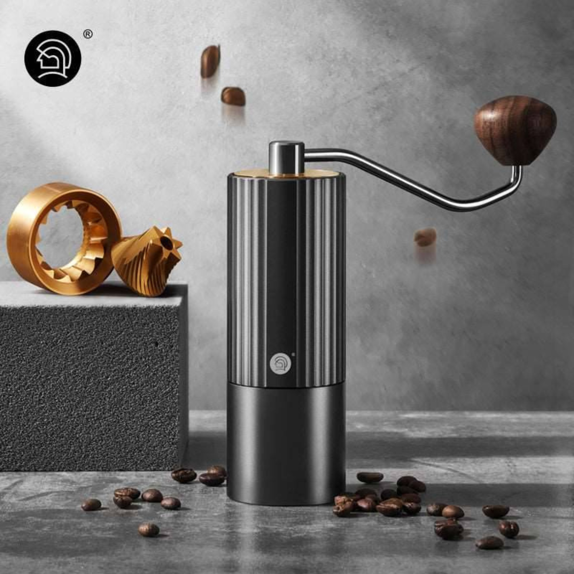 Premium manual coffee grinder with stainless steel body, wooden handle, and precision burr set for consistent coffee grinding