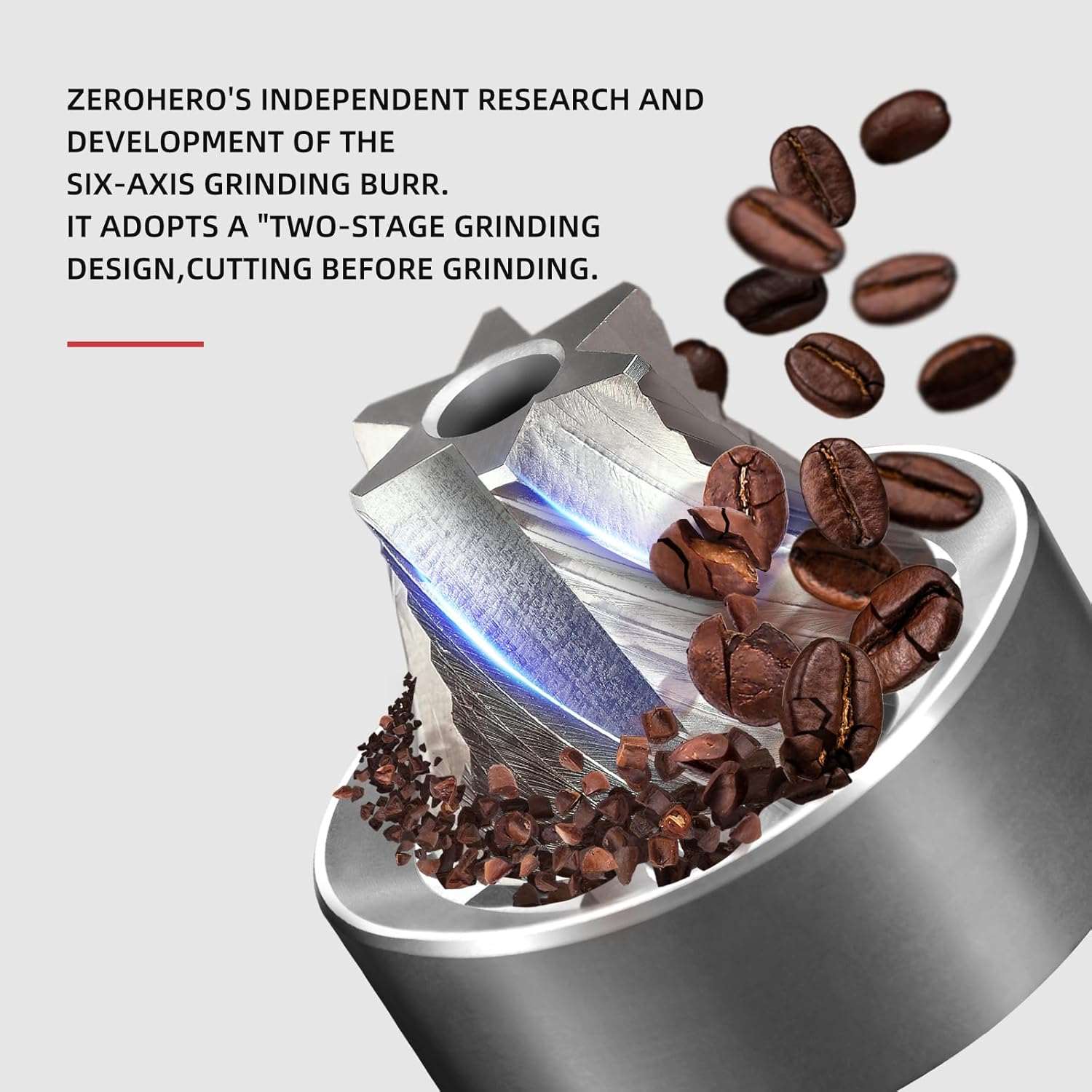 Close-up of a six-axis precision grinding burr with a two-stage grinding design, cutting and grinding coffee beans for optimal consistency
