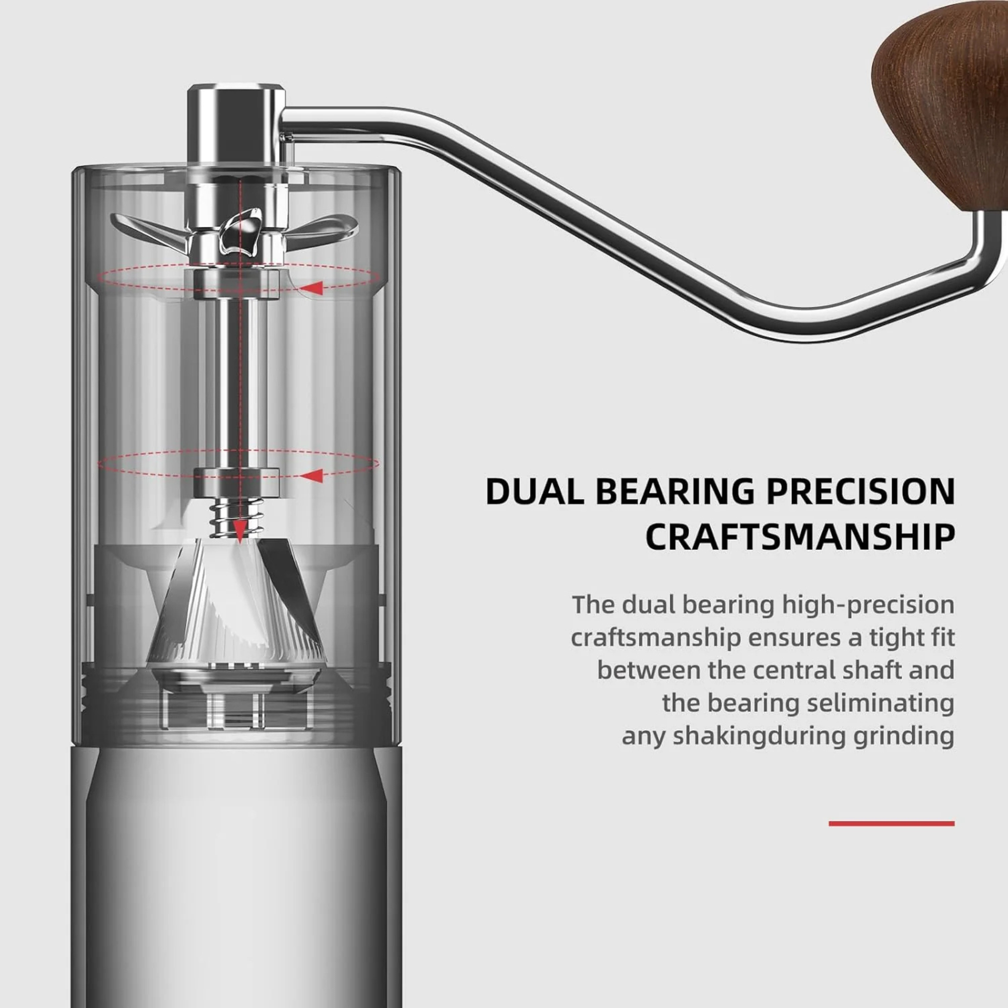 Technical illustration of a manual coffee grinder with a transparent body, showing its dual bearing precision mechanism for stable grinding. Text highlights the tight fit between the central shaft and bearings to reduce shaking