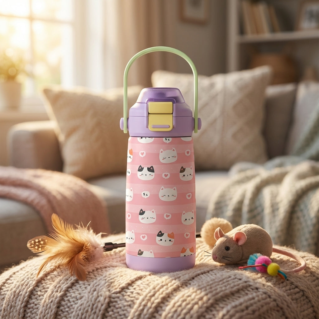 Pink and white striped kids water bottle featuring cartoon cat faces, hearts, and a light green handle.