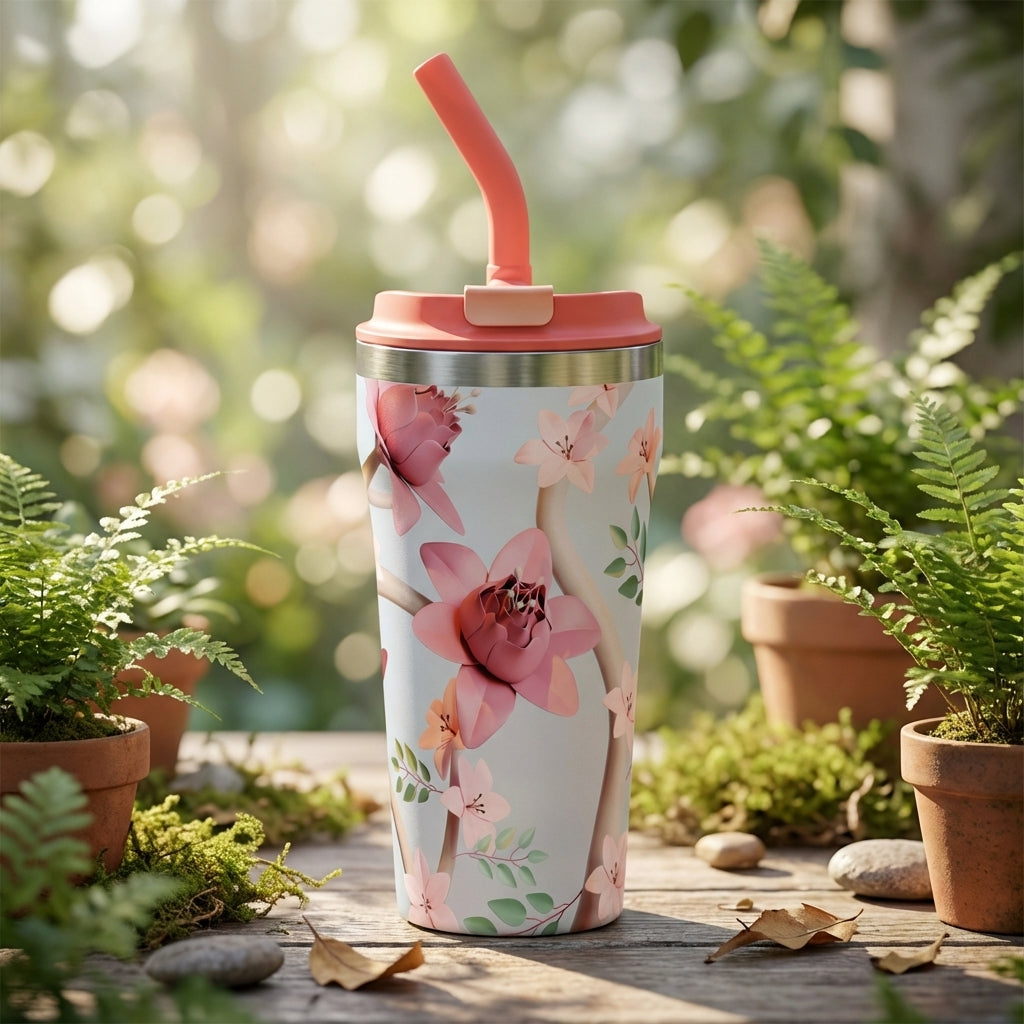 Close-up of LAMOSE Bow 16 oz tumbler with pink origami floral pattern and coral lid sitting on a wooden surface surrounded by green ferns.