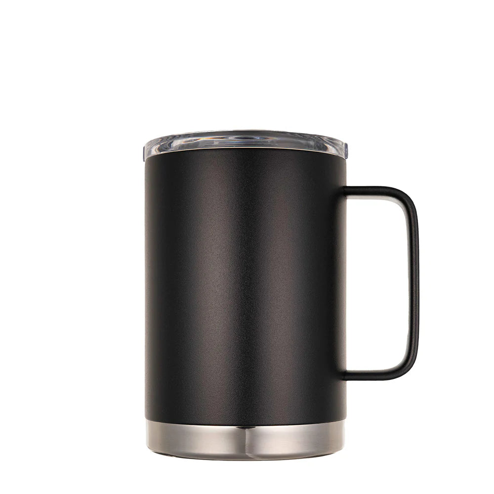 Black insulated stainless steel mug with a sturdy handle and spill-resistant clear lid, designed to maintain beverage temperature for hours