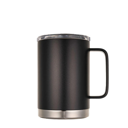 Black insulated stainless steel mug with a sturdy handle and spill-resistant clear lid, designed to maintain beverage temperature for hours