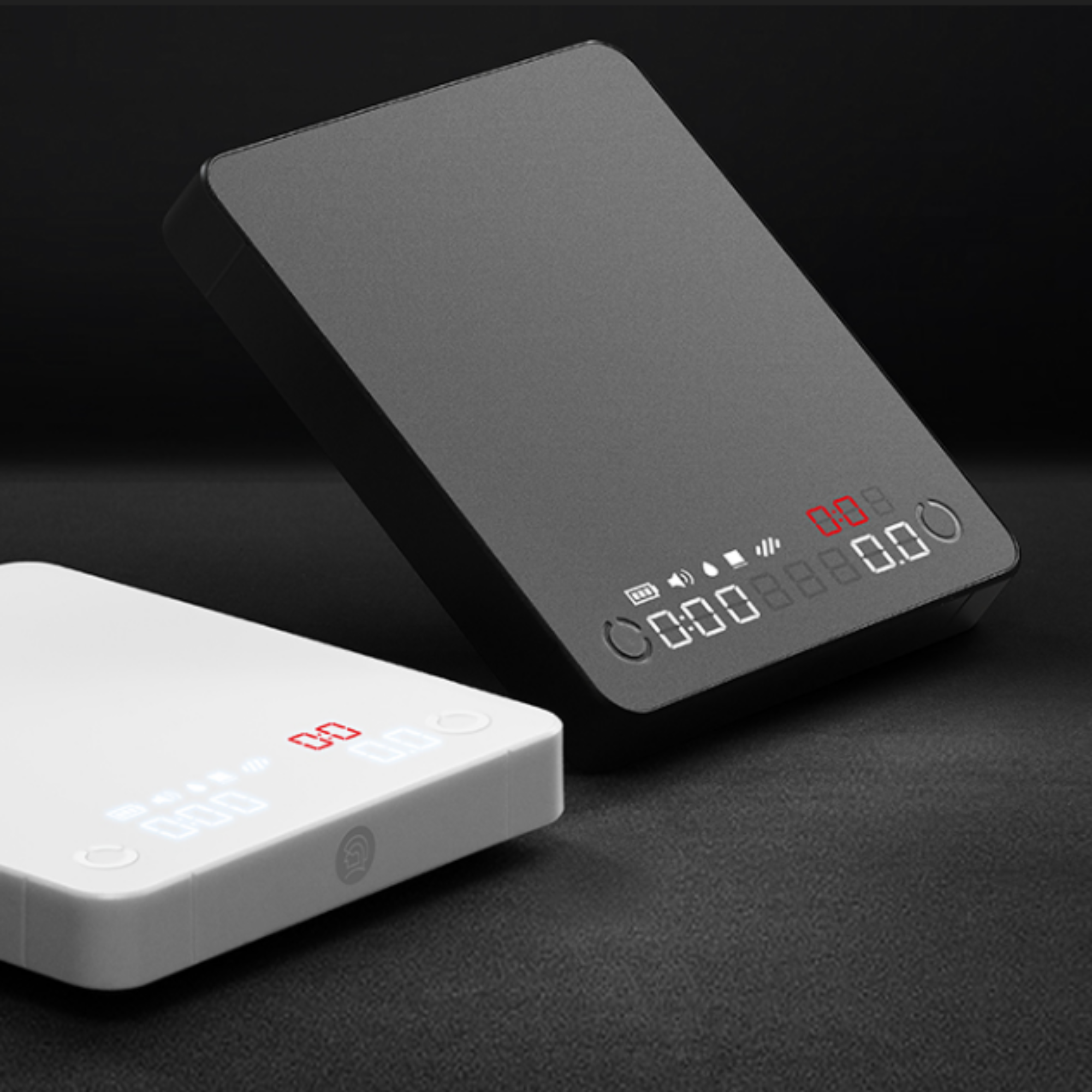 Black and white digital coffee scales with LED displays, precision weight measurement, and touch control, designed for espresso and pour-over brewing.  #color_white