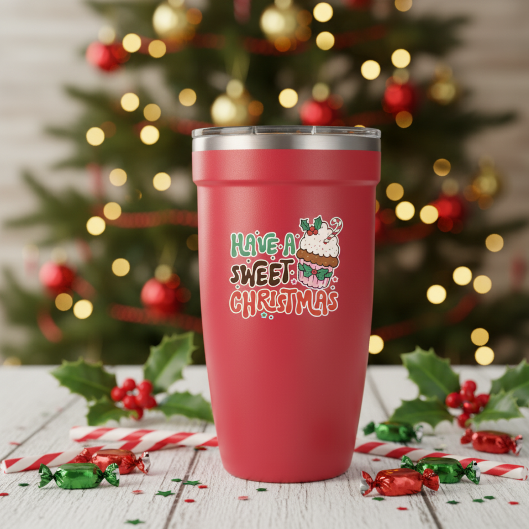 Red Peyto 16oz travel cup featuring Have A Sweet Christmas text and festive cupcake illustration surrounded by candy canes and holiday decor