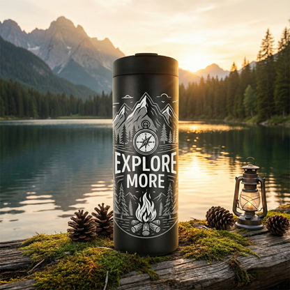 Black 16 oz insulated tumbler featuring white laser engraved mountain landscape, pine trees, compass, and campfire design with Explore More text resting on a mossy log in a forest.