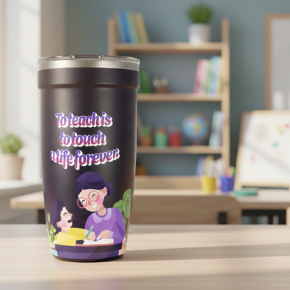 Dark insulated travel cup featuring a vibrant illustration of a teacher helping a student with the iridescent quote To teach is to touch a life forever.