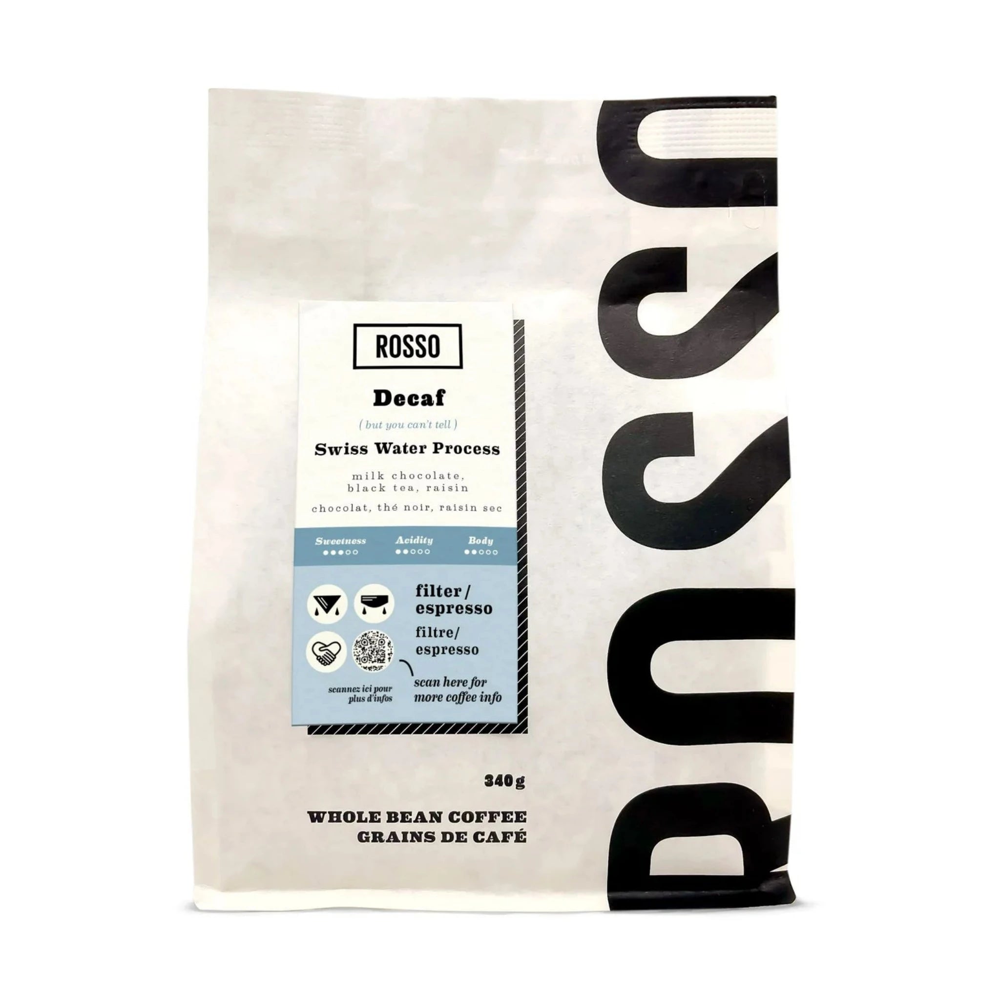 Rosso Coffee Roasters Decaf - Chemical-free Swiss Water Process. Enjoy 99.9% decaffeinated coffee with tasting notes of milk chocolate and raisin. Shop now for a delicious caffeine-free experience!