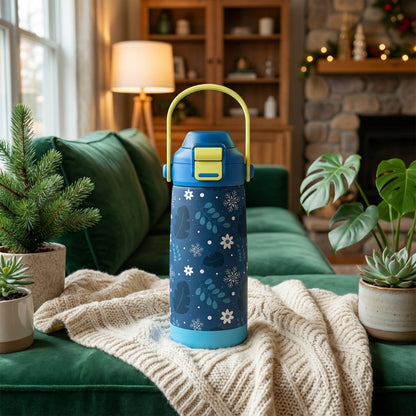 Navy blue Goose 14oz kids water bottle featuring a pattern of white snowflakes, blue leaves, and floral accents with a pale lime green carrying handle.
