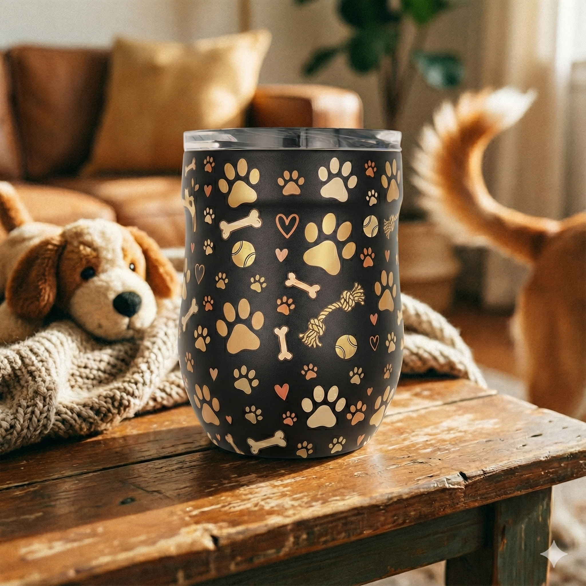 Black stainless steel Whistler 16oz wine tumbler featuring a pattern of paw prints, dog bones, tennis balls, and rope toys