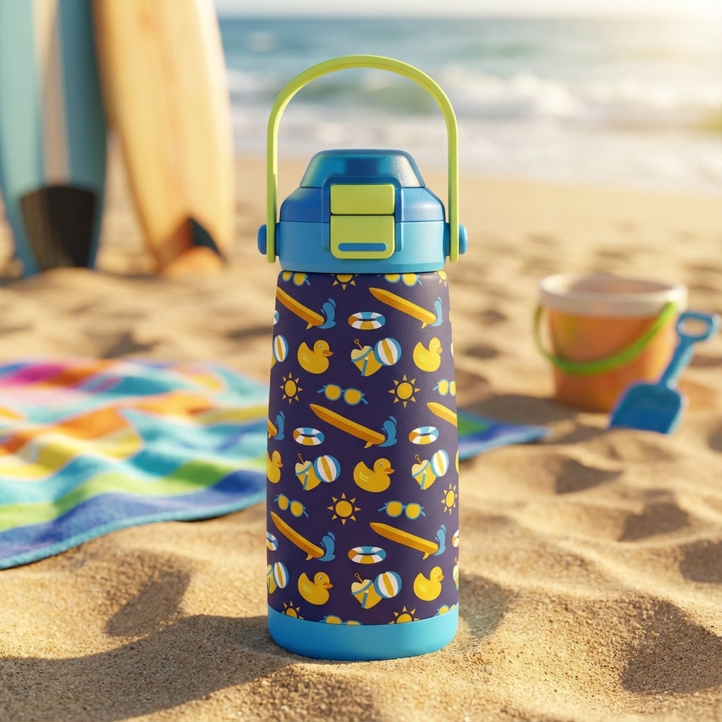 LAMOSE Goose 14 oz kids water bottle featuring a navy blue body with a pattern of yellow rubber ducks surfing, beach balls, and sunglasses.
