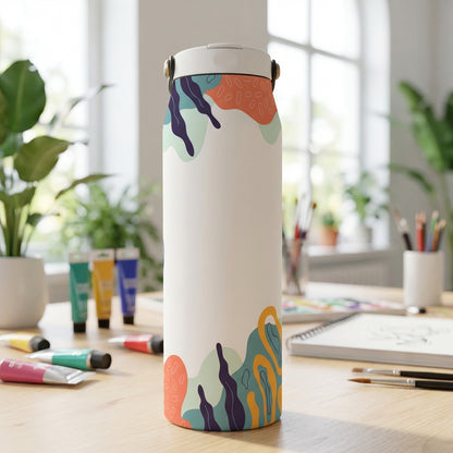 White 34oz insulated water bottle featuring abstract teal, orange, and purple botanical patterns on the top and bottom rim