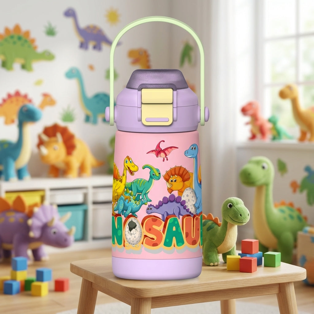 Pink LAMOSE Goose 14 oz water bottle featuring colorful cartoon dinosaurs, a purple lid, and a pale green handle standing on a wooden surface.