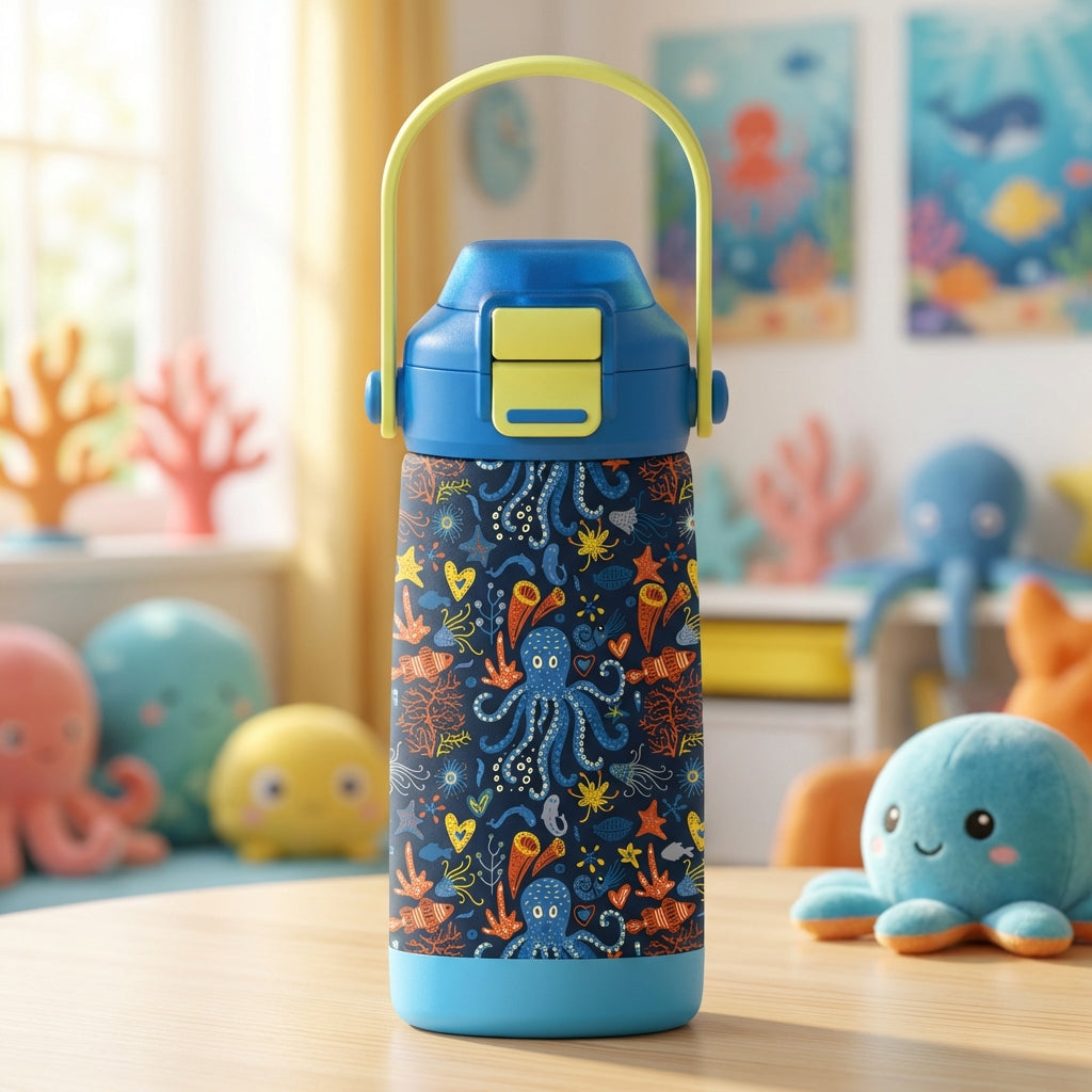 LAMOSE Goose 14oz kids water bottle in blue featuring a colorful pattern of octopus, starfish, coral, and fish with a yellow handled lid.