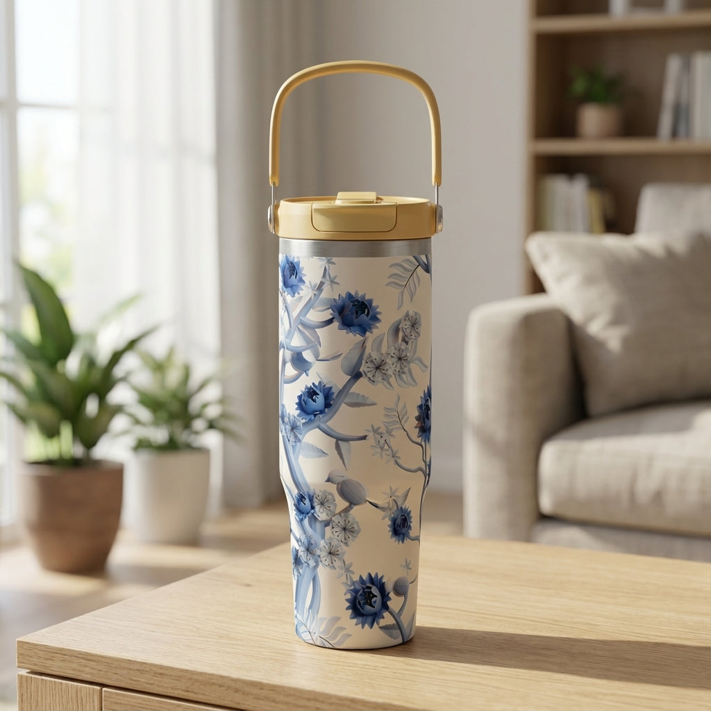 LAMOSE Cascade 40 oz tumbler in beige with blue and white Chinoiserie floral pattern, climbing vines, and bird motifs, featuring a muted yellow handle and lid.