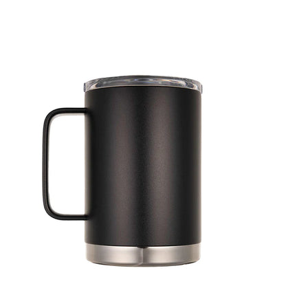 Matte black insulated stainless steel mug with a sturdy handle and spill-resistant clear lid, ideal for keeping drinks hot or cold for hours.